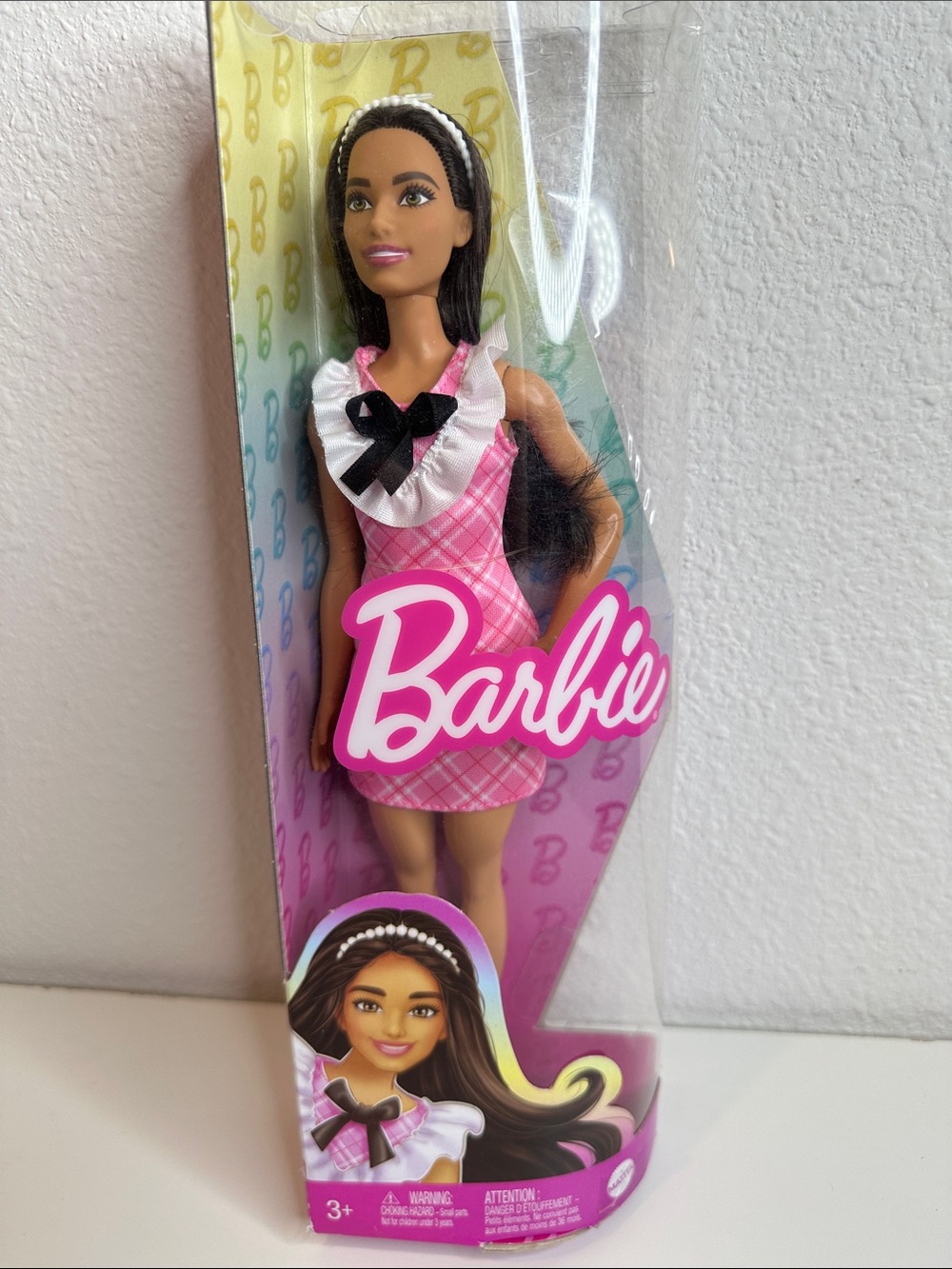 Barbie Pink Plaid Dress Doll with Dark Hair